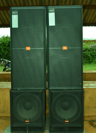 Dual 12 inch JBL and single 18 inch Wharfedale bass speakers